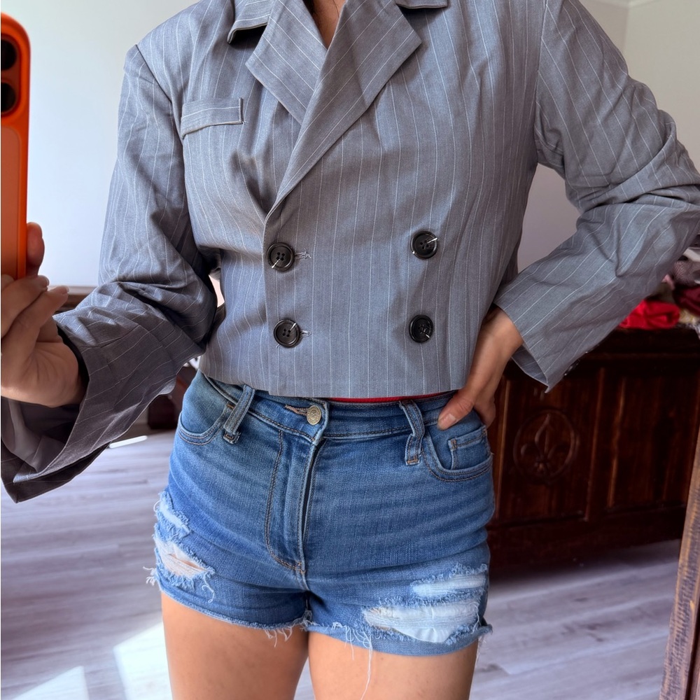 Gray Pinstripe Double-Breasted Blazer